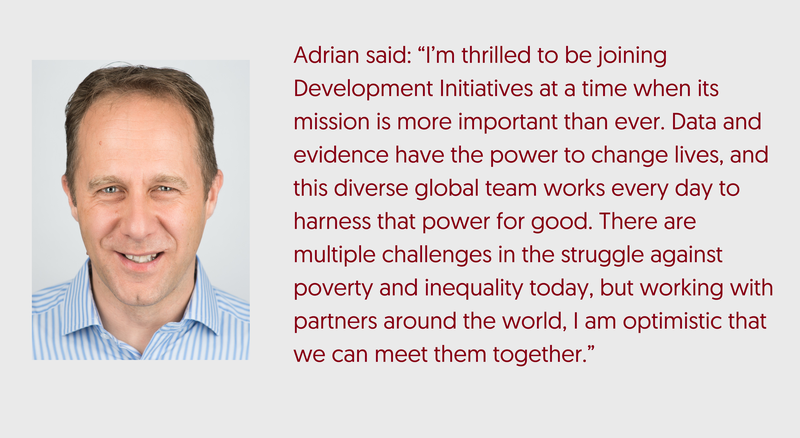 A quote from Adrian Lovett: “I’m thrilled to be joining Development Initiatives at a time when its mission is more important than ever. Data and evidence have the power to change lives, and this diverse global team works every day to harness that power for good. There are multiple challenges in the struggle against poverty and inequality today, but working with partners around the world, I am optimistic that we can meet them together.”